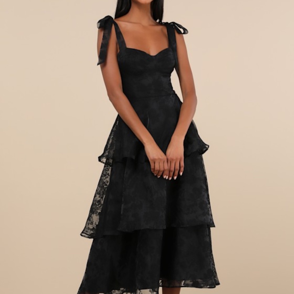 Lulus Glamorous Sweetie Black Burnout Tie-strap Bustier Midi Dress - Size L